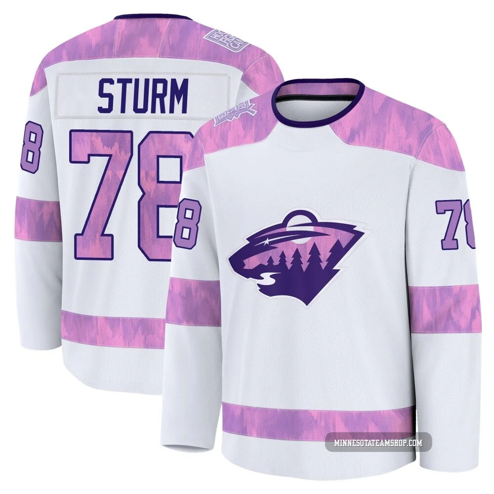 Nico Sturm Minnesota Wild White ＃78 Men's 2024 Hockey Fights Cancer Practice Premium Jersey