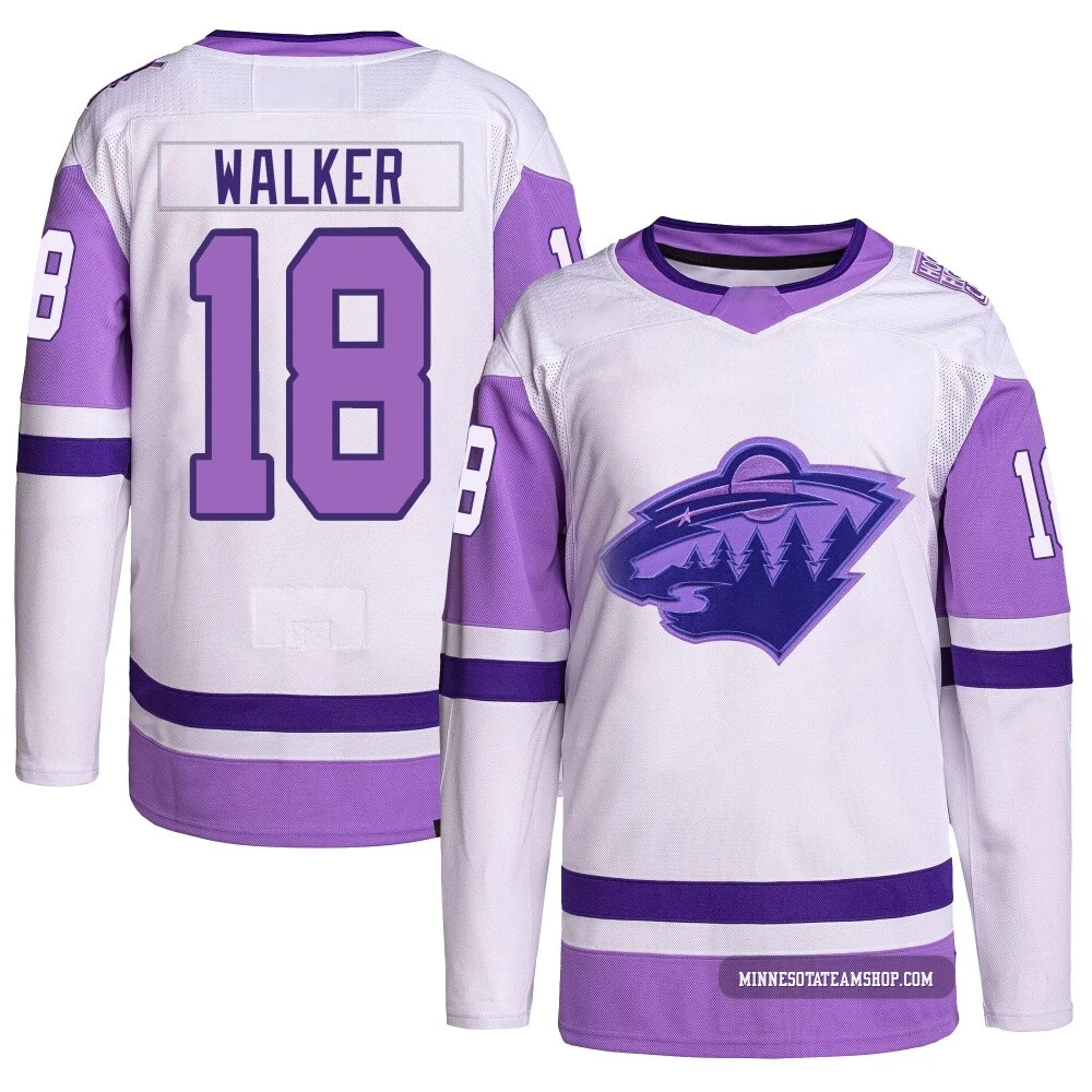 Sammy Walker Minnesota Wild Authentic White/Purple ＃18 Youth Hockey Fights Cancer Primegreen Jersey