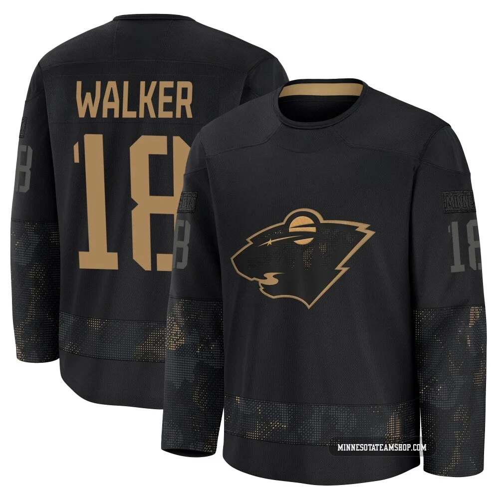 Sammy Walker Minnesota Wild Black ＃18 Youth 2024 Military Appreciation Practice Premium Jersey