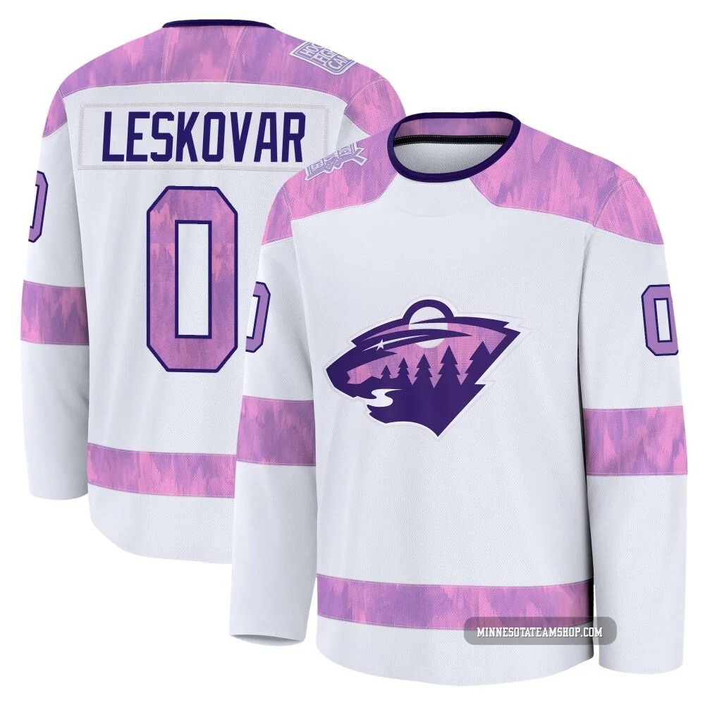 Stevie Leskovar Minnesota Wild White ＃0 Men's 2024 Hockey Fights Cancer Practice Premium Jersey