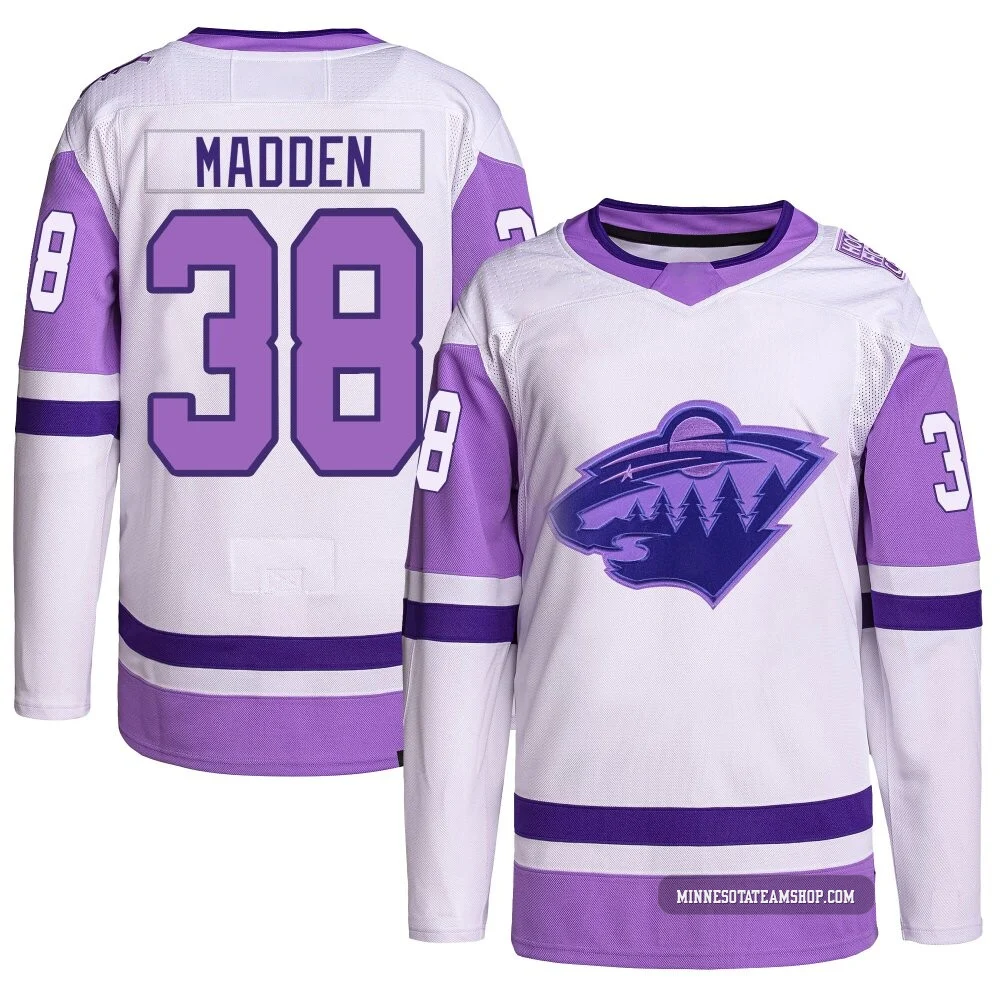 Tyler Madden Minnesota Wild Authentic White/Purple ＃38 Men's Hockey Fights Cancer Primegreen Jersey