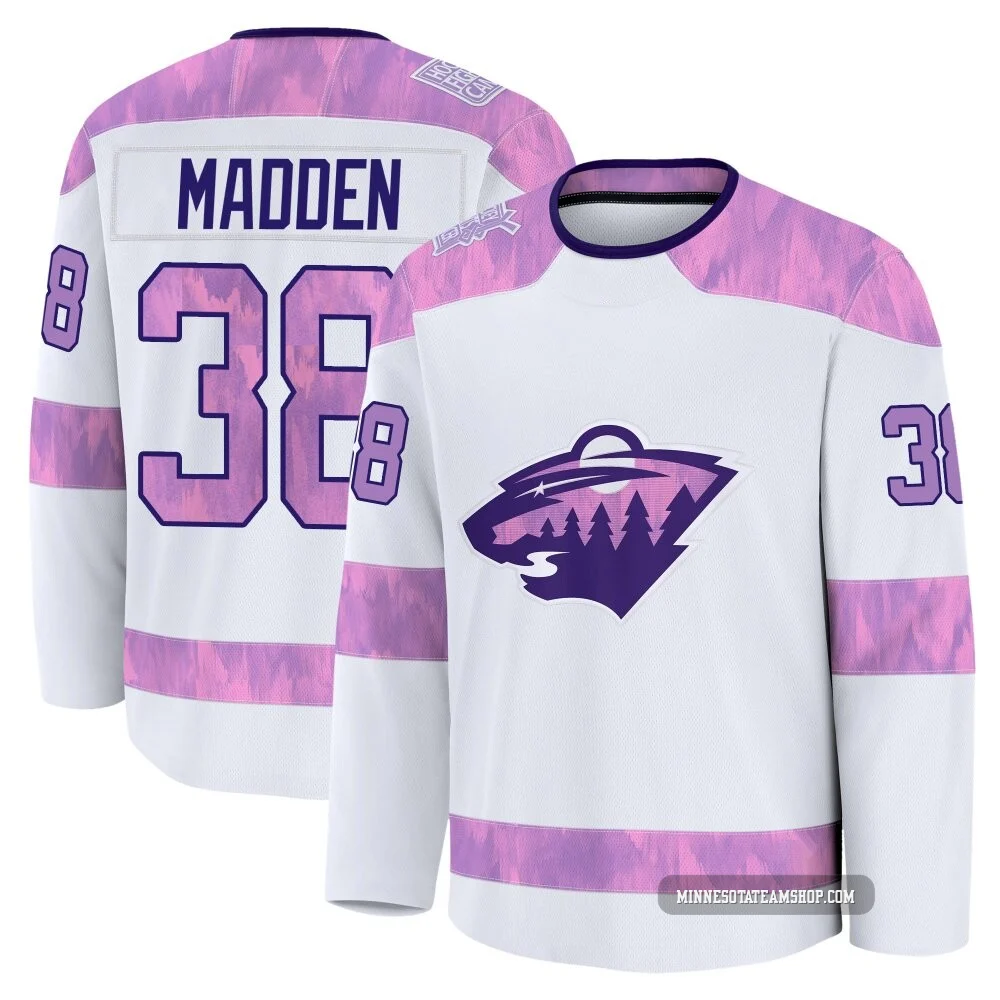 Tyler Madden Minnesota Wild White ＃38 Men's 2024 Hockey Fights Cancer Practice Premium Jersey