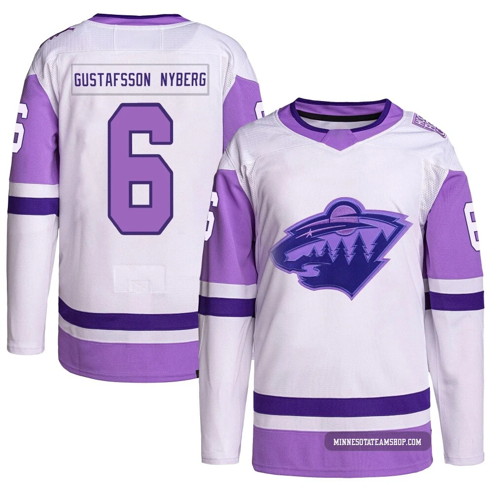 Viking Gustafsson Nyberg Minnesota Wild Authentic White/Purple ＃6 Youth Hockey Fights Cancer Primegreen Jersey