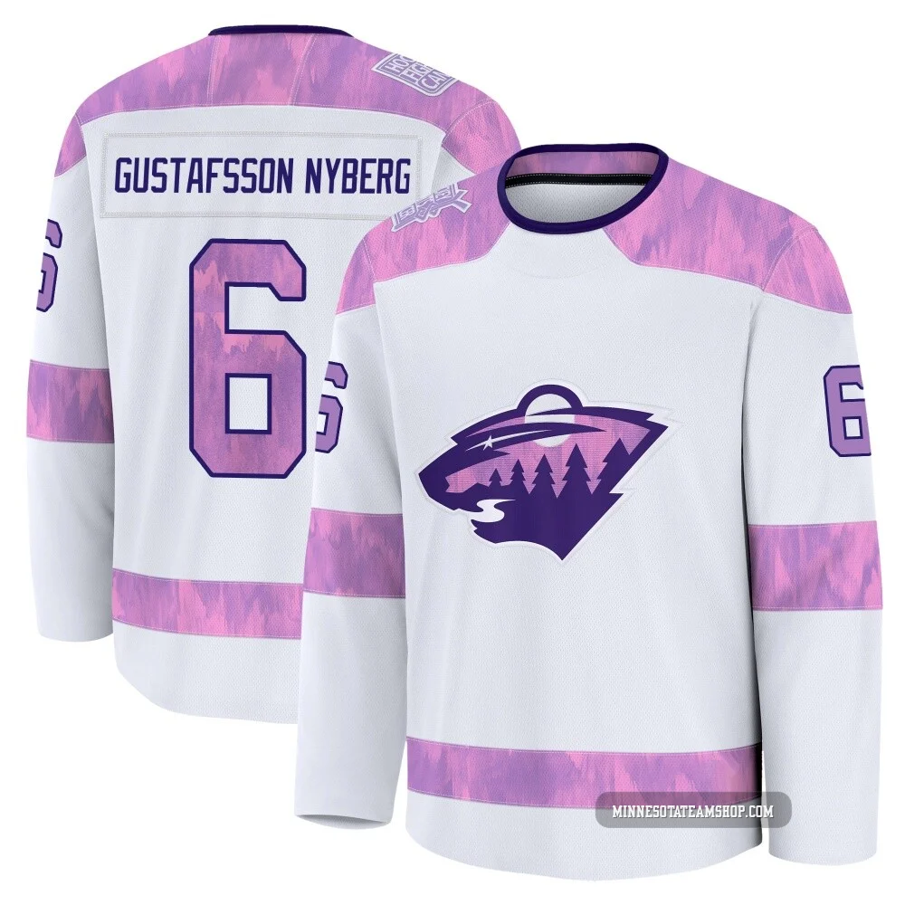 Viking Gustafsson Nyberg Minnesota Wild White ＃6 Men's 2024 Hockey Fights Cancer Practice Premium Jersey